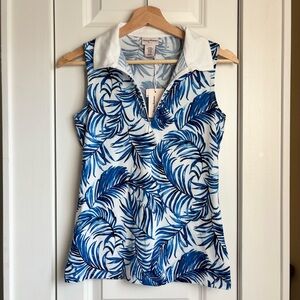NWT Tommy Bahama Golf Blue Leaves Athletic Collared Sleeveless Top